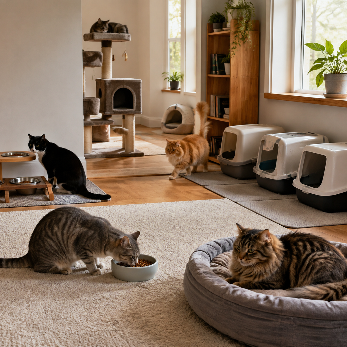 Multi-cat home with separate resources and calm individual access