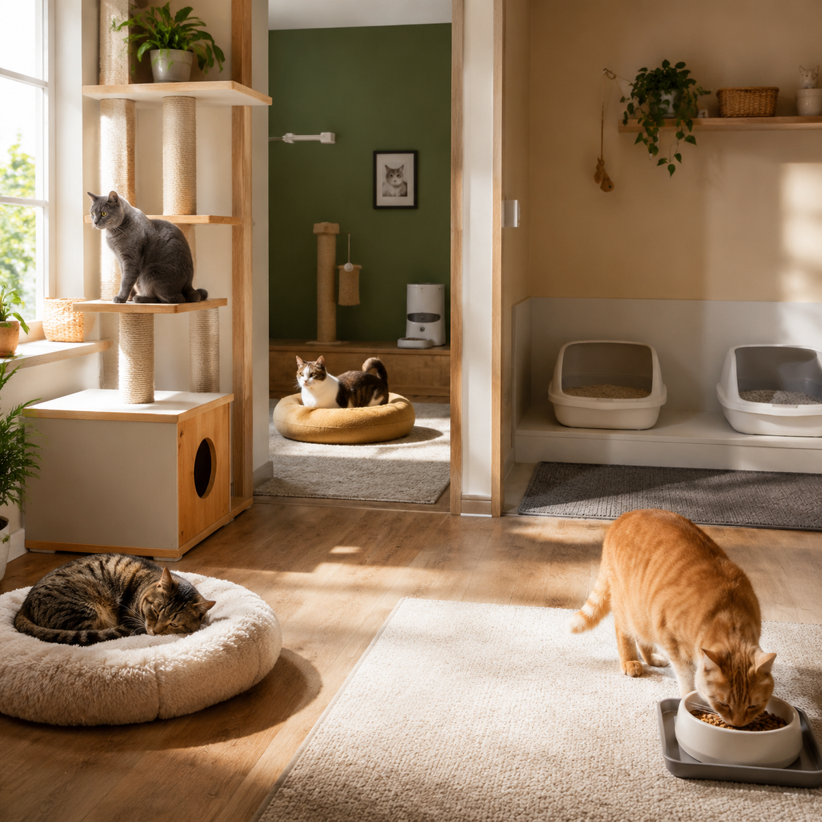 Multi-cat home with separate resources and calm individual access