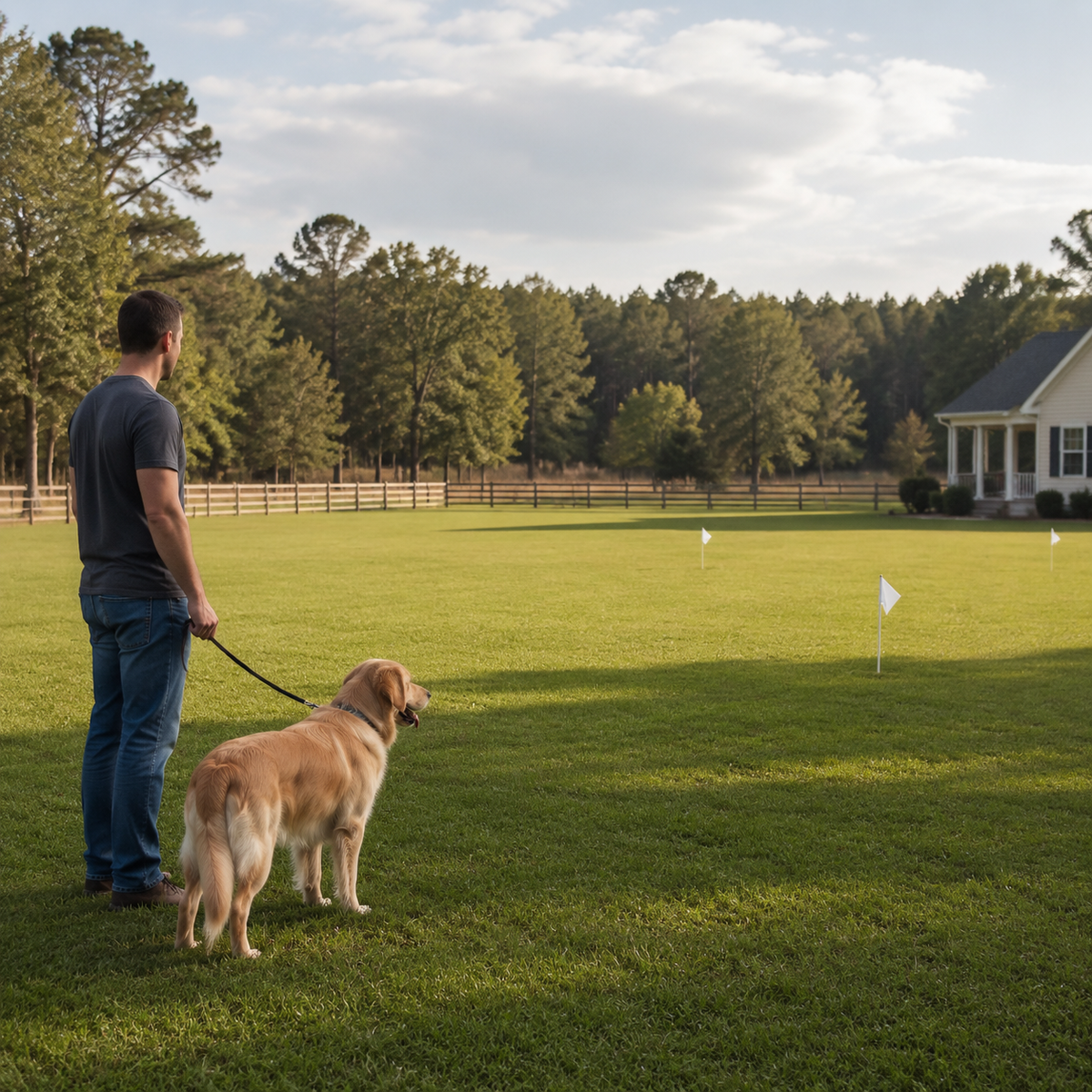 Dog and caregiver practicing calmly within a broad safe yard