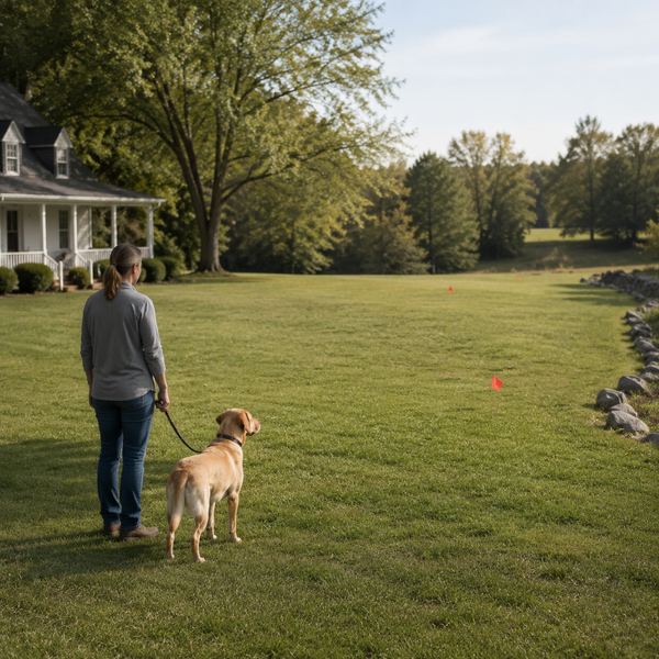 Dog and caregiver practicing calmly within a broad safe yard