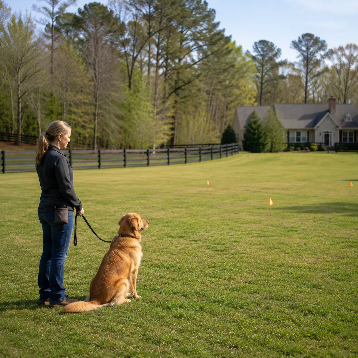 Dog and caregiver practicing calmly within a broad safe yard