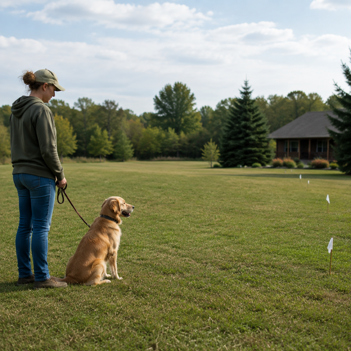 Dog and caregiver practicing calmly within a broad safe yard