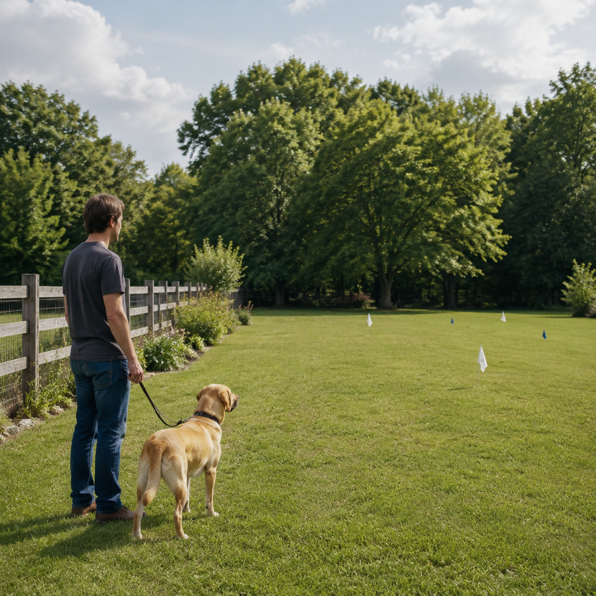 Dog and caregiver practicing calmly within a broad safe yard