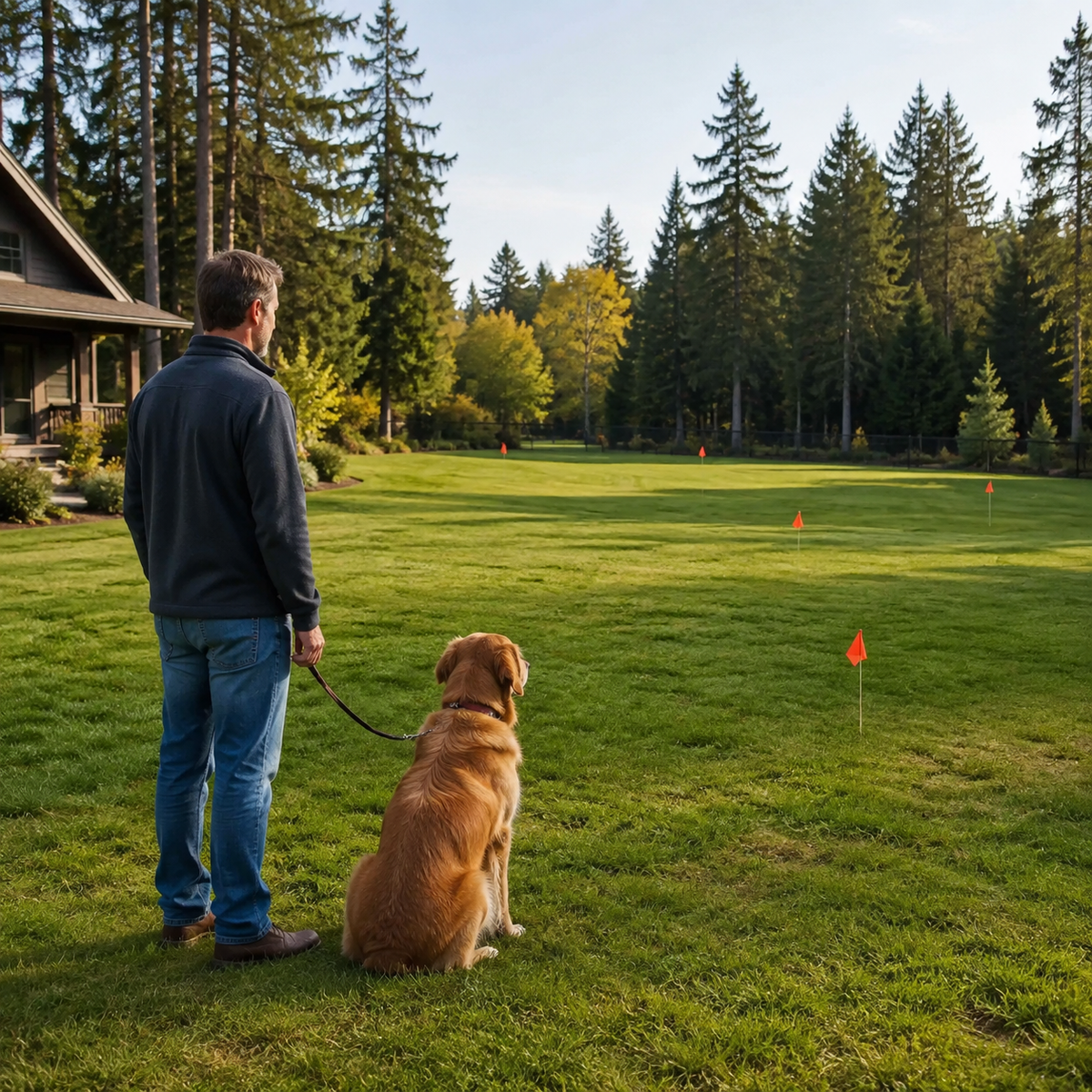 Dog and caregiver practicing calmly within a broad safe yard