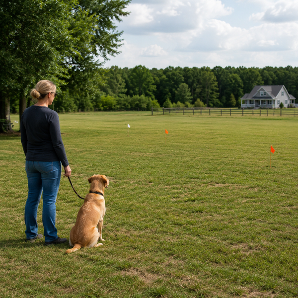 Dog and caregiver practicing calmly within a broad safe yard