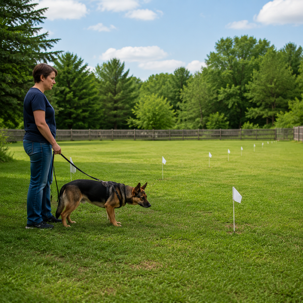 Dog and caregiver practicing calmly within a broad safe yard