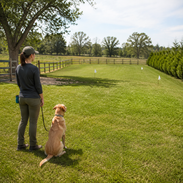Dog and caregiver practicing calmly within a broad safe yard