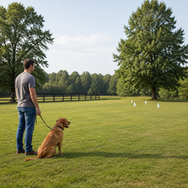 Dog and caregiver practicing calmly within a broad safe yard