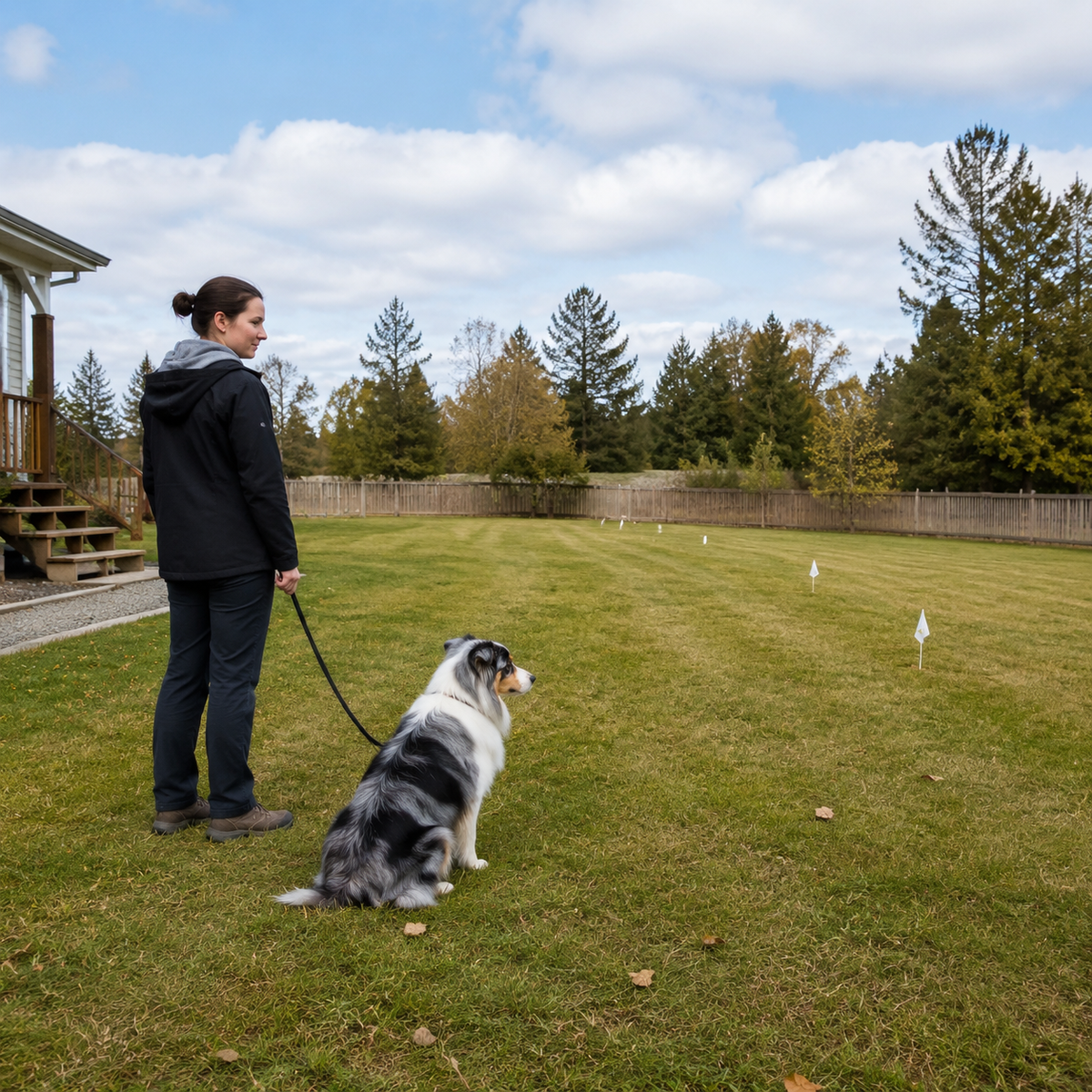 Dog and caregiver practicing calmly within a broad safe yard