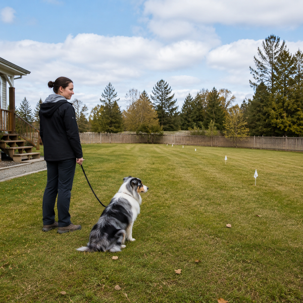 Dog and caregiver practicing calmly within a broad safe yard