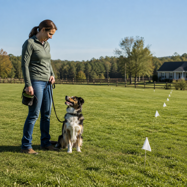 Dog and caregiver practicing calmly within a broad safe yard