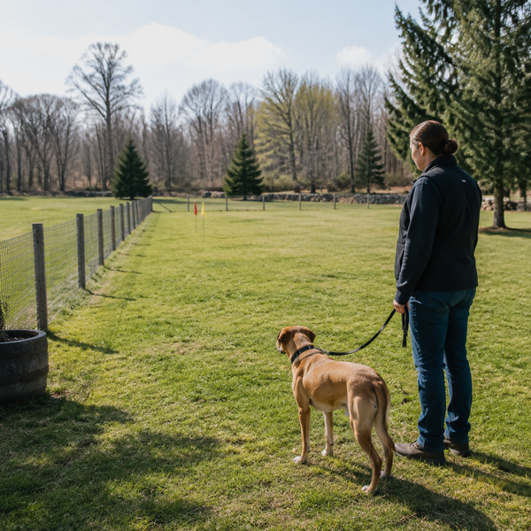 Dog and caregiver practicing calmly within a broad safe yard