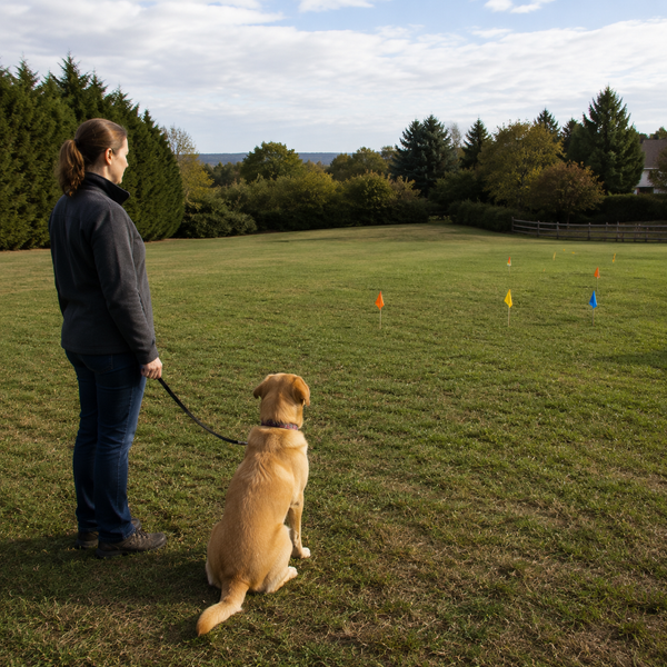 Dog and caregiver practicing calmly within a broad safe yard