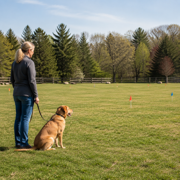 Dog and caregiver practicing calmly within a broad safe yard