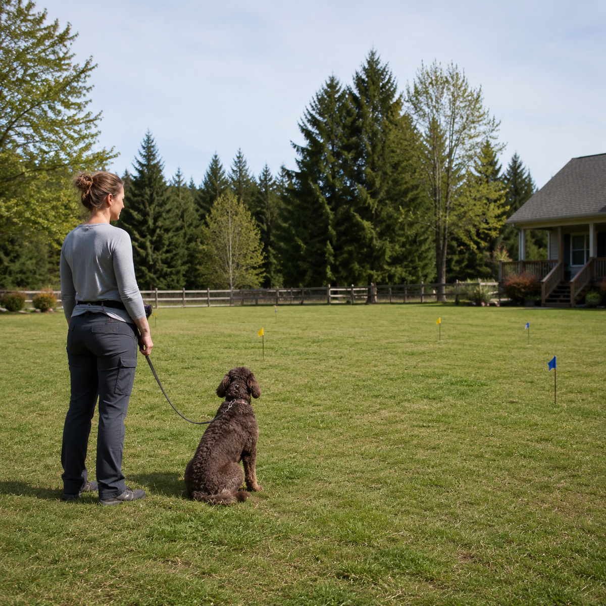 Dog and caregiver practicing calmly within a broad safe yard