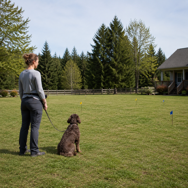 Dog and caregiver practicing calmly within a broad safe yard
