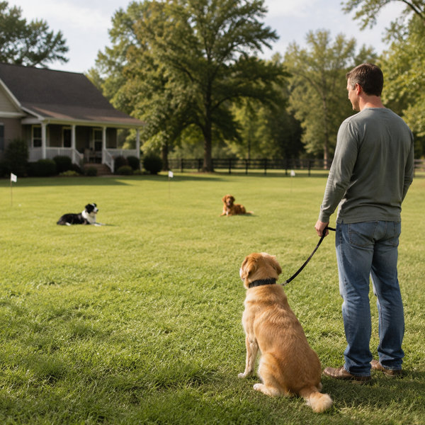 Dog and caregiver practicing calmly within a broad safe yard