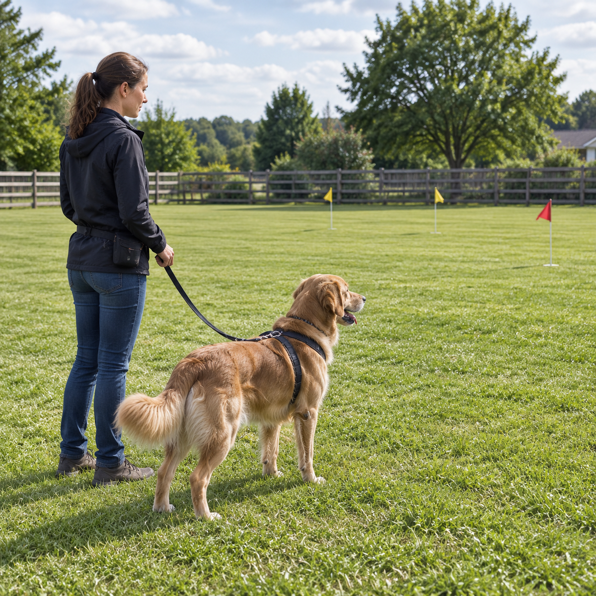 Dog and caregiver practicing calmly within a broad safe yard