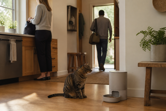 Cat waits beside an automatic feeder while household members move through a changing morning routine