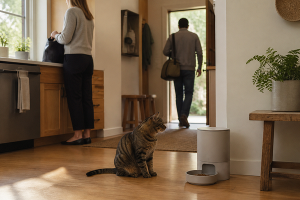 Cat waits beside an automatic feeder while household members move through a changing morning routine