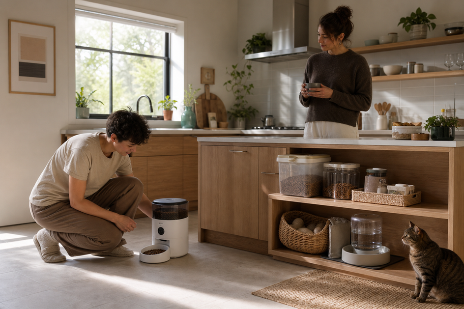 Two caregivers coordinate beside an automatic feeder, food supplies, water bowl, and calm cat in a home kitchen.