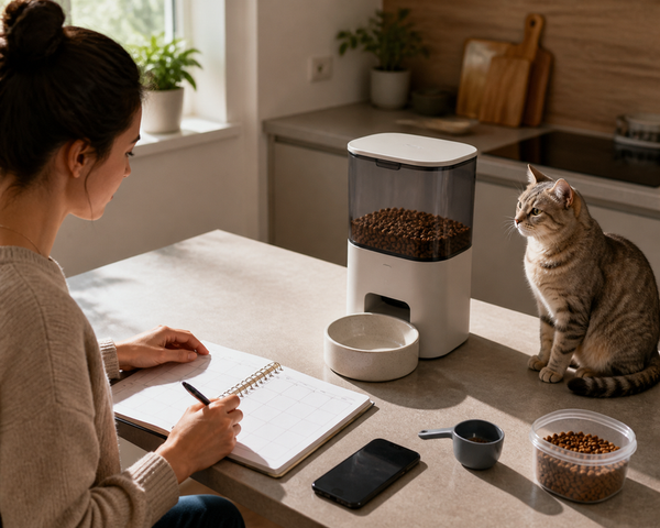 Cat waits beside an unbranded feeder, bowl, kibble container, and household planning materials