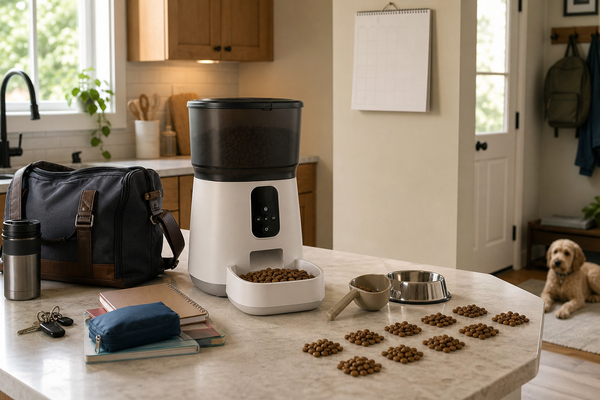Automatic feeder, measured bowls, and household essentials arranged in a calm, lived-in kitchen.