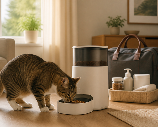 Cat eats measured kibble beside an automatic feeder while organized travel supplies rest nearby
