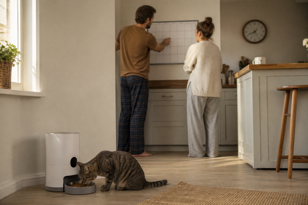 Cat eating calmly beside an automated feeder while household members organize a weekly routine nearby