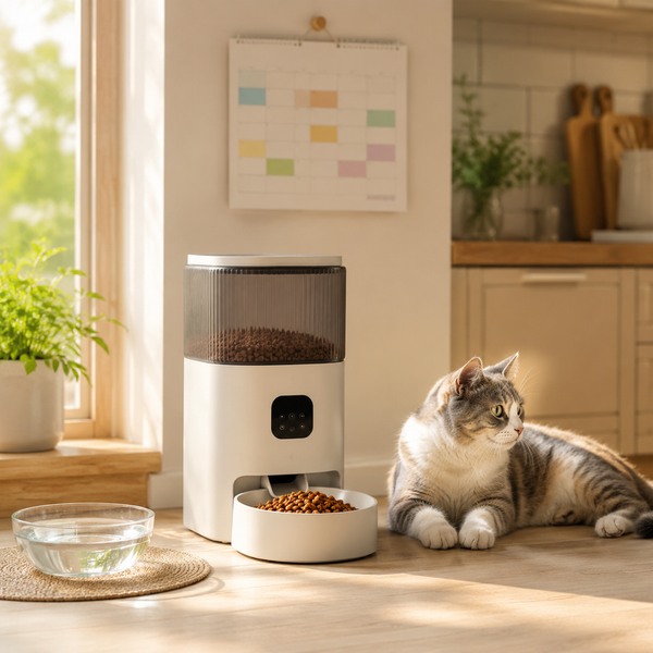 Automatic feeder beside measured pet food, water bowl, and calm cat in a tidy home kitchen.