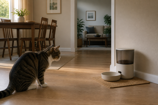 A cat watches a quiet feeder beside a shallow bowl in a calm home corner