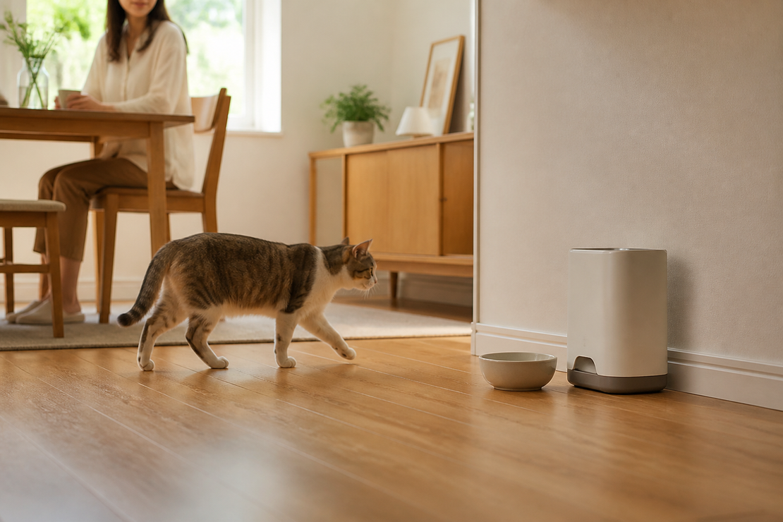 Cat calmly approaches a silent automatic feeder beside its familiar bowl in a home kitchen.