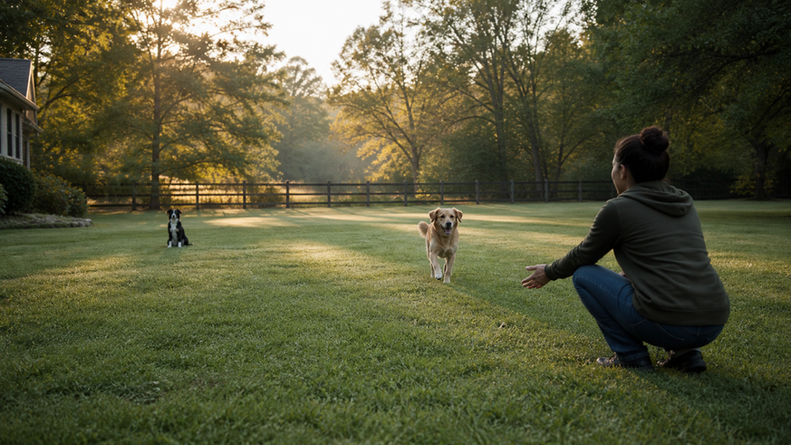 Two dogs wait apart while a handler practices calm boundary returns in a grassy yard