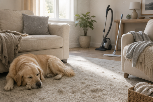 Bright living room with pet fur, upholstered furniture, airborne dust, and cleaning tools