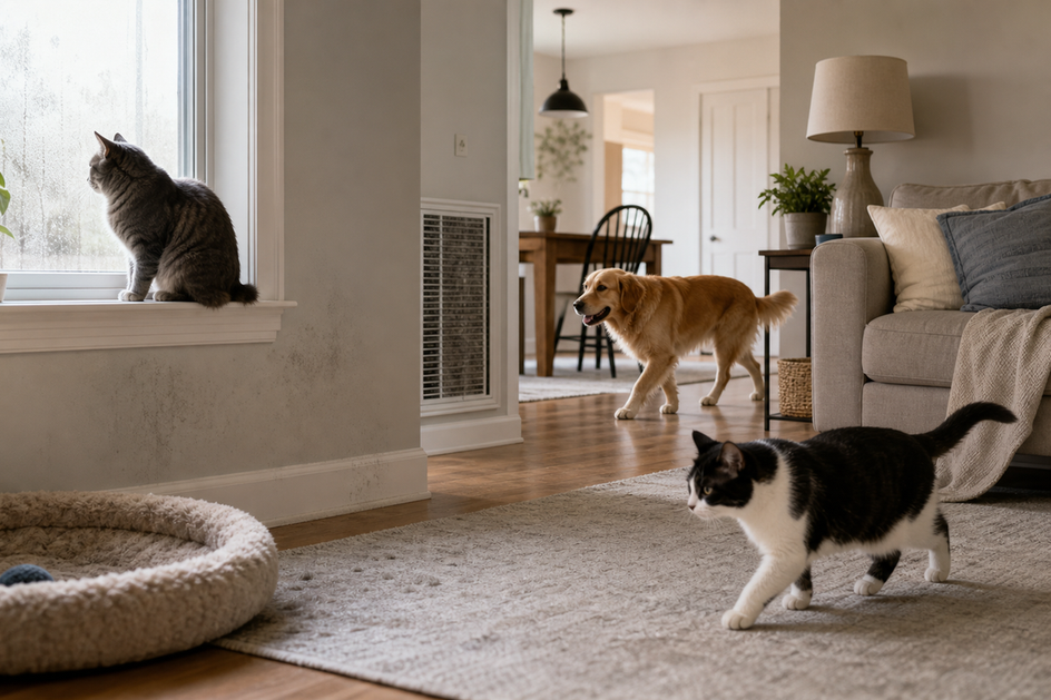 Cats and a dog move through a tidy home while dust gathers near rugs and bedding.