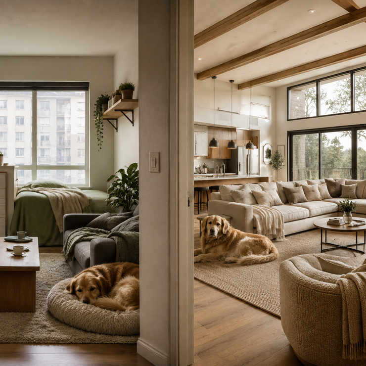 Compact and spacious home interiors show different pet-use zones, soft surfaces, and airflow patterns