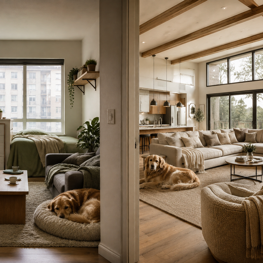 Compact and spacious home interiors show different pet-use zones, soft surfaces, and airflow patterns
