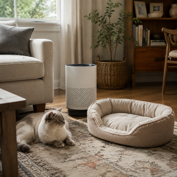 Calm home interior with pet bedding, air purifier, and sunlit airborne dust particles