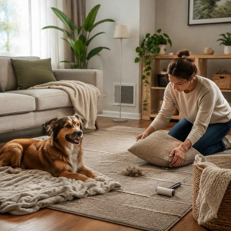 Pet resting in a clean living room while household air-quality preparation begins before shedding season