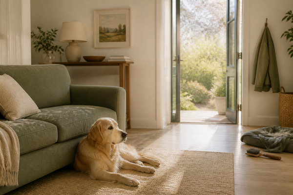 Dog beside fur-covered upholstery while sunlight reveals airborne dust and pollen entering a tidy home.