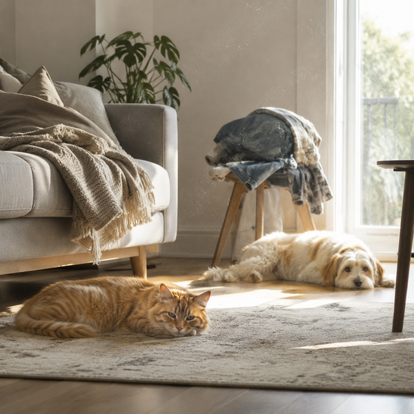 Cat and dog share a bright home containing rugs, upholstery, clothing, and softly lit airborne dust