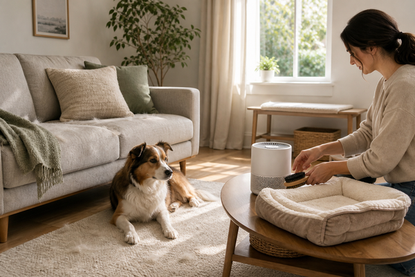 Pet owner prepares a bright home for shedding season with grooming tools, bedding, and air filtration nearby.