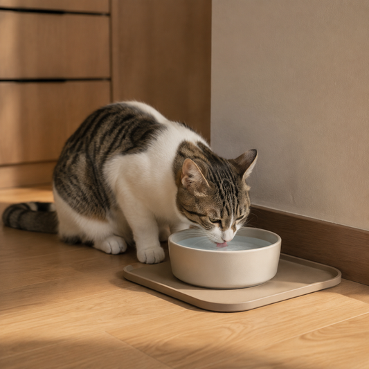 Calm cat drinking from a clean bowl in a quiet home water-testing setup