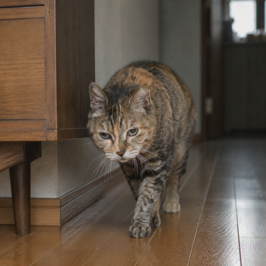 Senior cat moving carefully through a calm home hallway beside low resting furniture