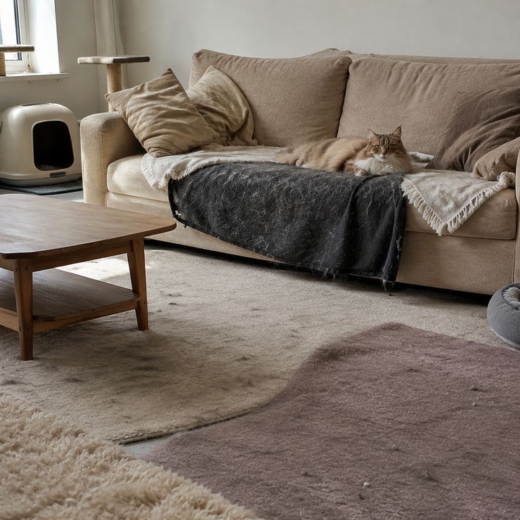 Compact apartment living room with pet bedding, rugs, litter area, and visible dust accumulation