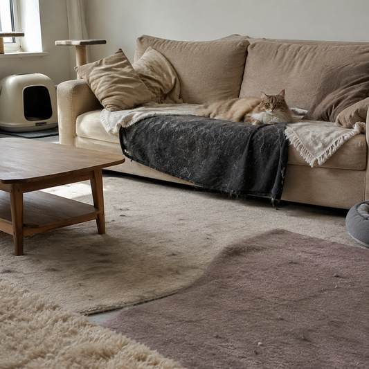 Compact apartment living room with pet bedding, rugs, litter area, and visible dust accumulation