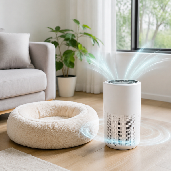 Portable air cleaner stands beside a pet bed in a bright apartment living room