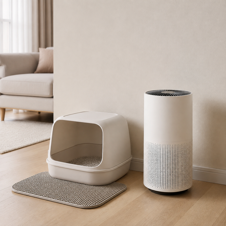Portable air cleaner beside a litter area in a compact shared-wall apartment