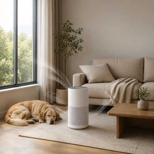 Quiet apartment living room with sealed windows, a purifier, and subtle airflow