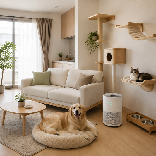 Compact apartment living room with pet bedding, litter area, rugs, and an air cleaner arranged in separate zones.